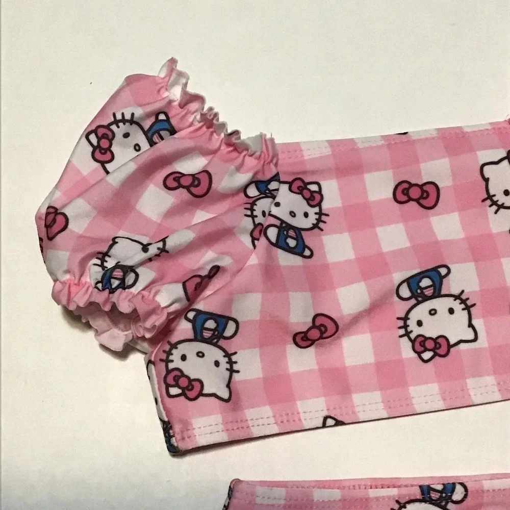 Hello Kitty Pink Gingham Puffy Sleeve Bikini Set Toddler Girls 4T Sanrio Swim
